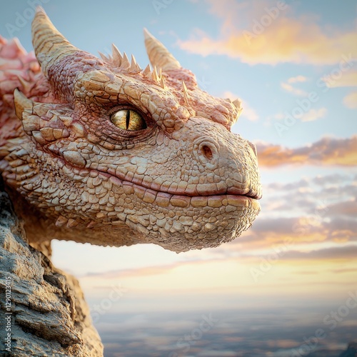 Intricate closeup of a dragon head sculpture resting on a natural rock surface