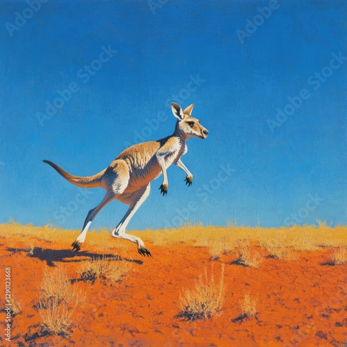 Dynamic kangaroo leaps across the vibrant Australian outback landscape under a clear blue sky painting style photo