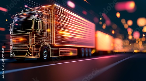 Dynamic truck transporting goods at night urban environment digital art motion capture futuristic concept