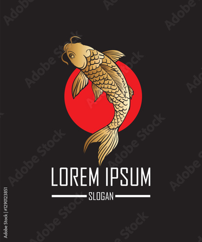 golden fish logo for community and shirt with chinese, japanese style brush