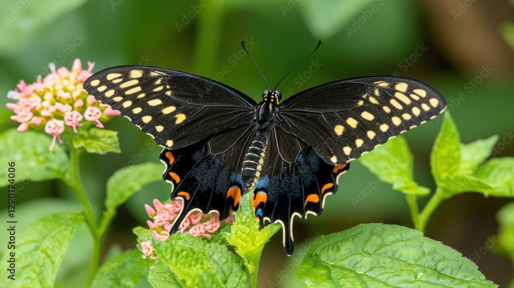 Captivating black swallowtail butterfly gracefully perched on delicate pink flowers in a lush green garden setting nature photography Captivating black swallowtail butterfly gracefully perched on delicate pink flowers in a lush green garden setting nature photography