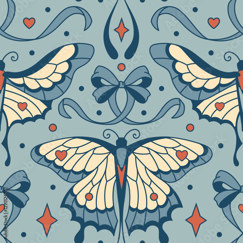 Seamless vintage butterfly pattern with feminine bows, flirty hearts and elegant ornaments in a coquette style. Bohemian background, textile or fashion print. Delicate spring aesthetic