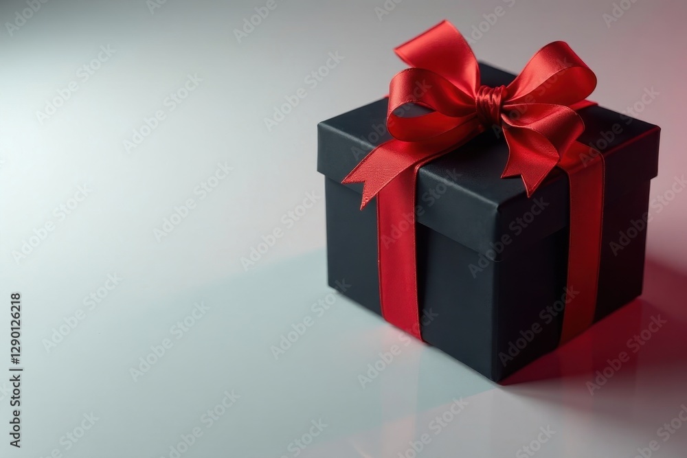 Fototapeta premium Elegant black gift, vibrant red neon ribbon detail , shiny, high-end