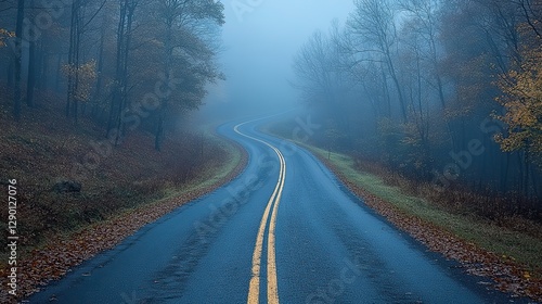 winding asphalt road in the misty forest retro style
