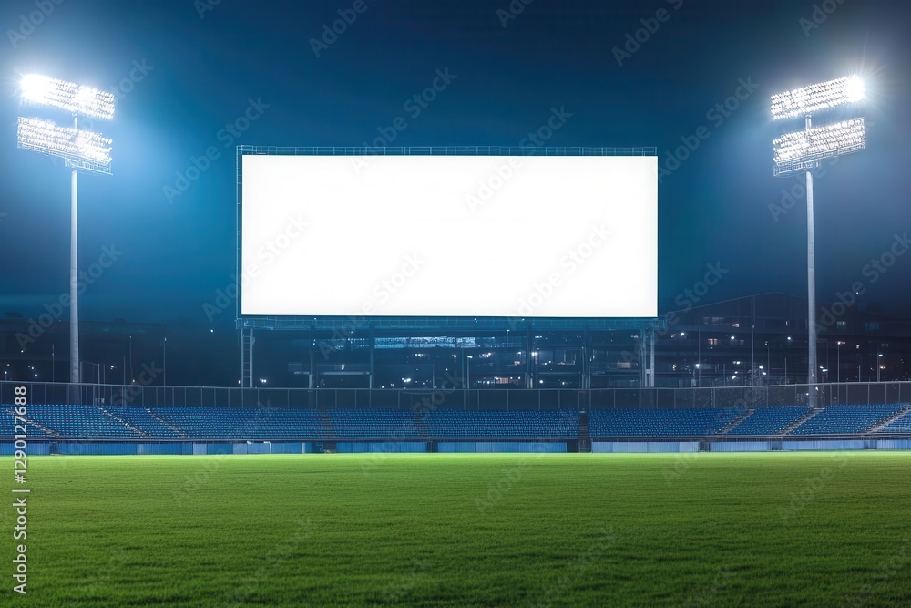 giant blank billboard glowing under stadium floodlights, lush green field stretching into the distance, crisp blues and silvers, energetic and open composition.