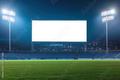 Obraz na płótnie giant blank billboard glowing under stadium floodlights, lush green field stretching into the distance, crisp blues and silvers, energetic and open composition. w salonie