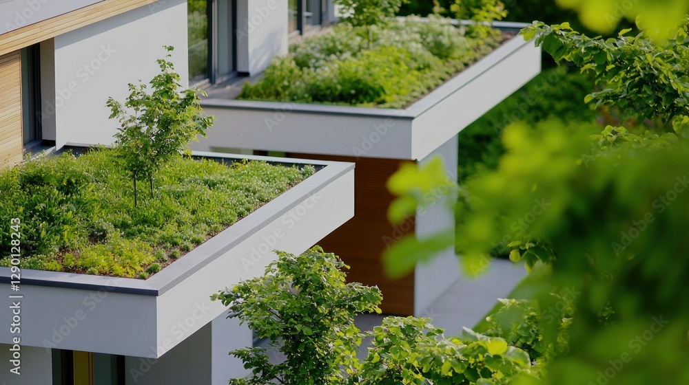 Fototapeta premium Modern architecture with green roof garden showcasing sustainable design and eco friendly building practices in a bright sunny day promoting environmental awareness