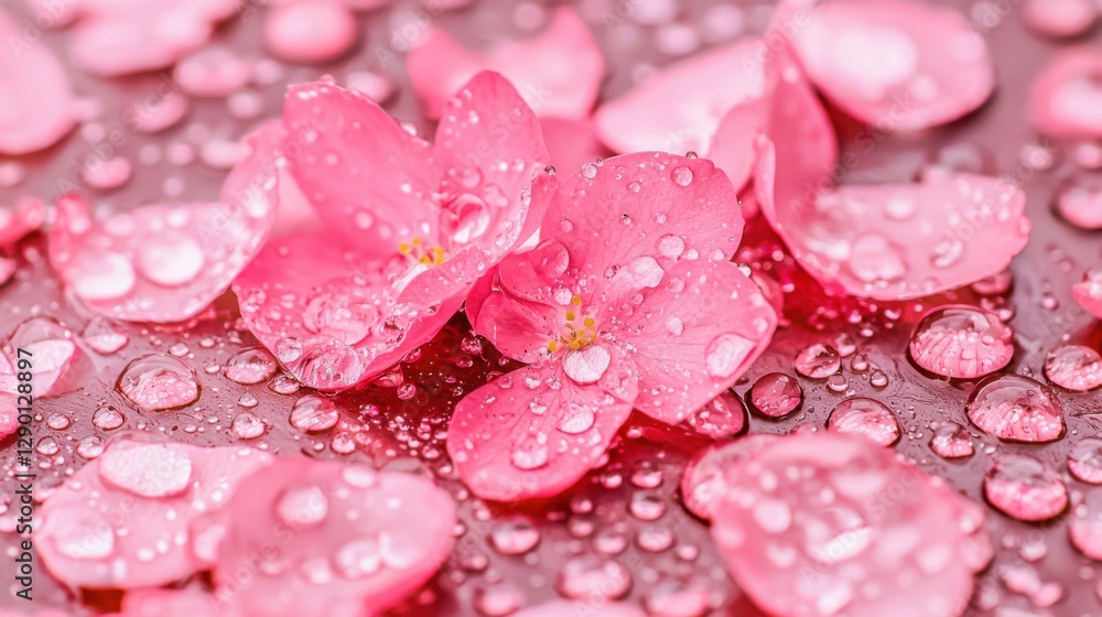 Obraz premium A spring rain wallpaper inside the studio, showcasing gentle raindrops on flower petals and fresh green grass, captured
