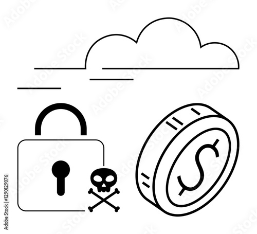 Lock, dollar coin, skull with crossbones under cloud, symbolizing financial cybersecurity, data privacy, hacking, cloud infrastructure risks. Ideal for tech, finance security risk management data