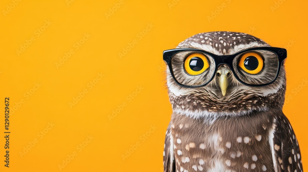 Fototapeta premium Owl wearing glasses against a bright orange background