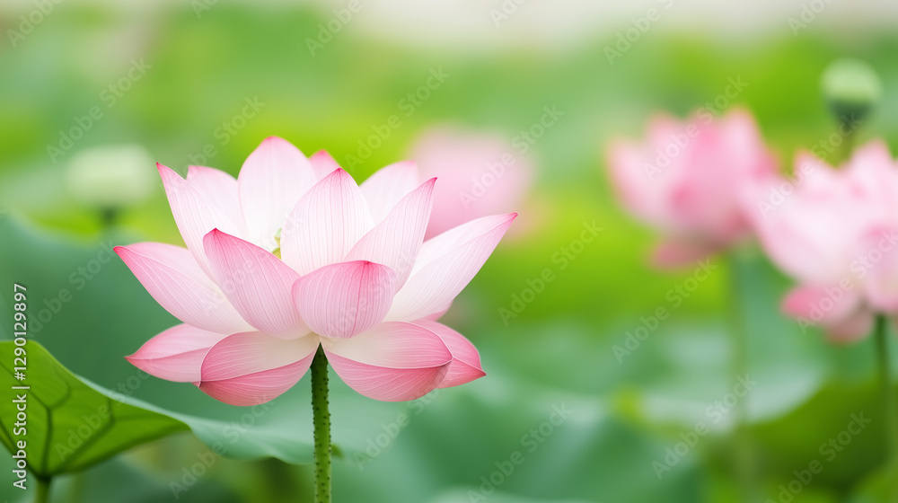 Lotus Blooms in Serene Pond: Delicate pink lotus flowers grace the tranquil surface of a pond, their petals gracefully unfurling in the soft light. Lotus Blooms in Serene Pond: Delicate pink lotus flowers grace the tranquil surface of a pond, their petals gracefully unfurling in the soft light.