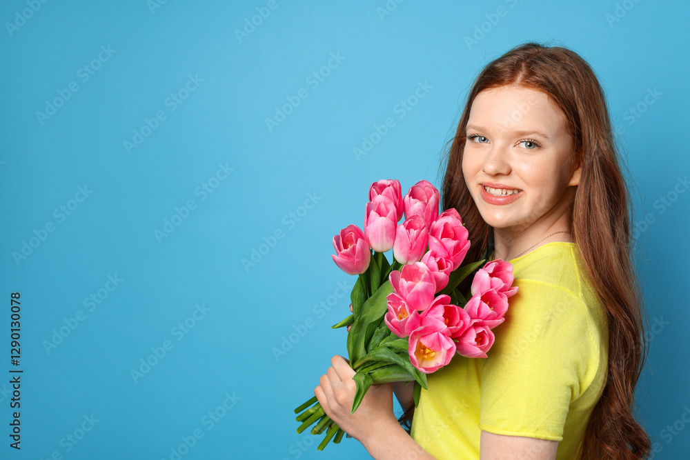 Beautiful teenage girl with bouquet of tulips on light blue background, space for text Beautiful teenage girl with bouquet of tulips on light blue background, space for text