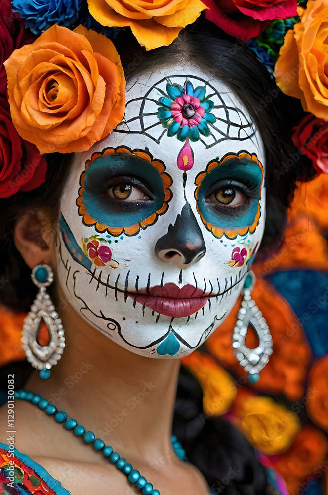 Enchanting Calavera: Captivating portrait of a woman adorned with intricate Calavera makeup, vibrant flowers, and cultural jewelry. Enchanting Calavera: Captivating portrait of a woman adorned with intricate Calavera makeup, vibrant flowers, and cultural jewelry.