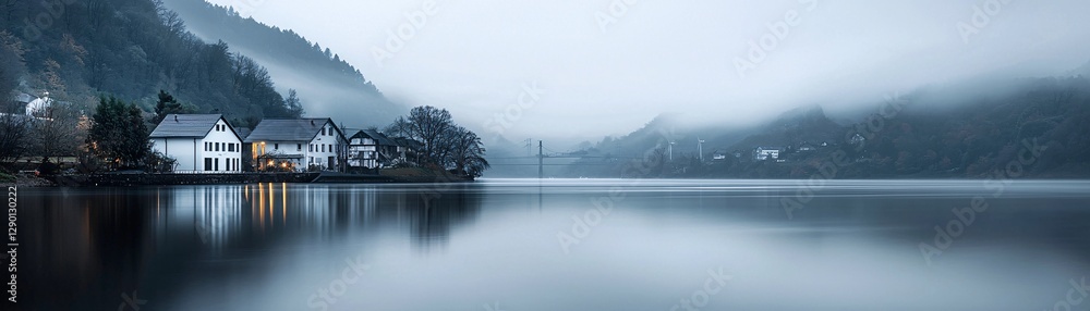 Fototapeta premium a tranquil riverside village powered entirely by hydroelectric energy, water turbines seamlessly blending into the landscape, reflections of soft neon eco-lights in the water, a sense of harmony and