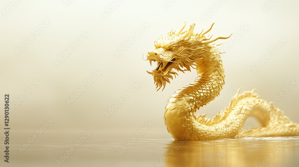 Fototapeta premium Golden Dragon of Myth: A majestic golden dragon, a symbol of power and good fortune, emerges from a mystical setting, its scales glistening under an ethereal glow.