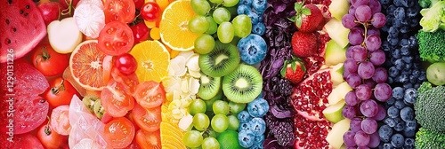 Rainbow gradient of colors with watermelon, orange slice, kiwi, broccoli, and cherry. A vibrant display of fruits and vegetables, emphasizing natural colors, textures, and healthy eating. photo