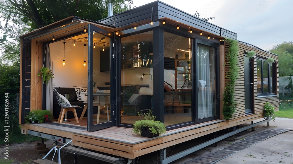 Fototapeta premium Modern Tiny House with Open Concept and Large Windows Surrounded by Nature