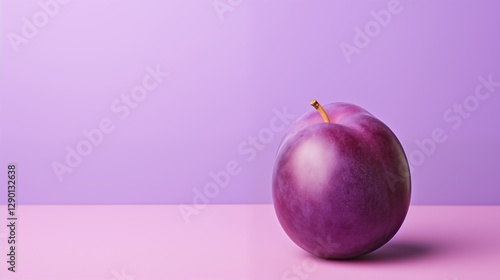 A juicy plum with a stem, right empty space, soft lavender background,generative ai illustration 