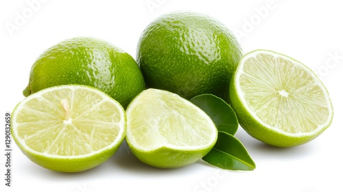 Vibrant Green Whole Limes Cut with Fresh Leaves on White Background