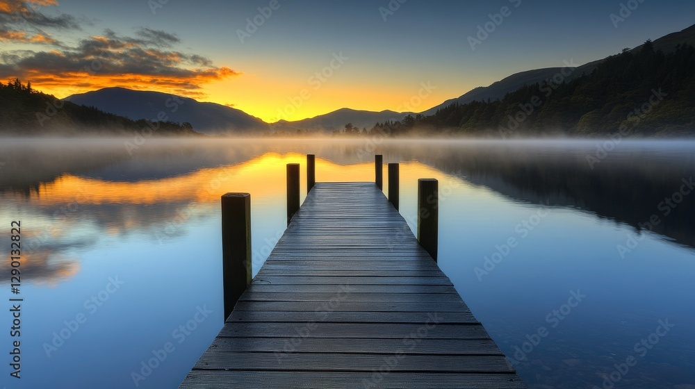 Misty Dawn Over a Lone Pier Reflected in Still Waters Misty Dawn Over a Lone Pier Reflected in Still Waters