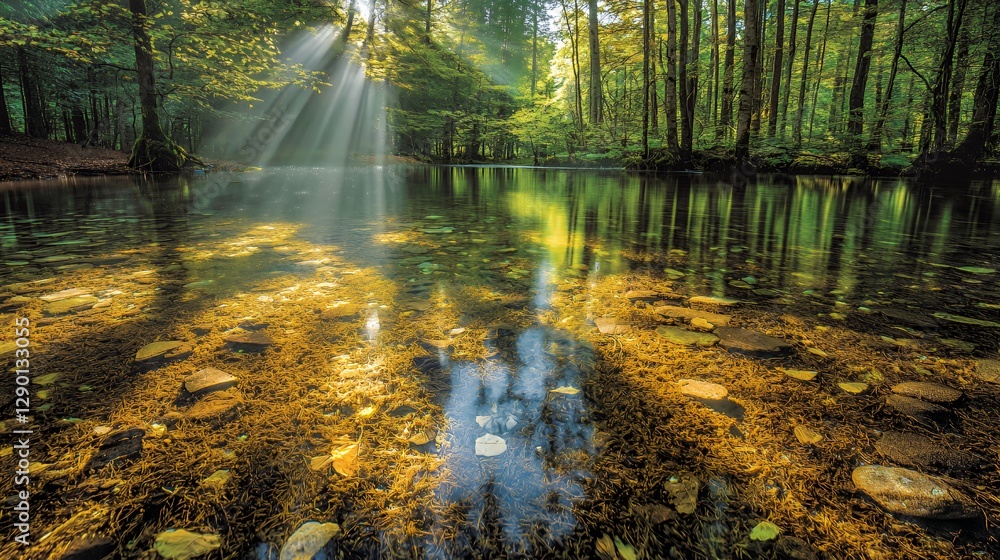 Fototapeta premium Sunlit Autumn River in a Green Forest