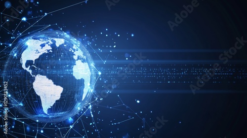 Digital globe with global network connections on a blue technology background, symbolizing artificial intelligence, data sharing, and internet security in a futuristic digital world.