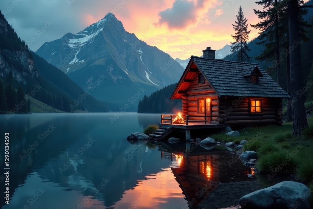 Fototapeta premium Rustic log cabin beside tranquil lake, campfire glows , sunset, holiday