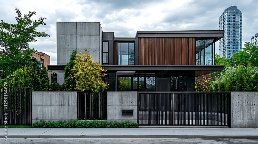 Modern House Exterior with Wood and Concrete on an Overcast Day Modern House Exterior with Wood and Concrete on an Overcast Day