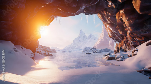 A frozen landscape with a large hole in the ice