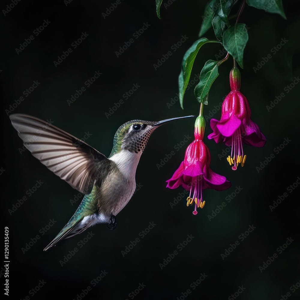 Naklejka premium Hummingbird hovering near vibrant fuchsia flowers with a dark background creating a sense of wonder and serenity in nature