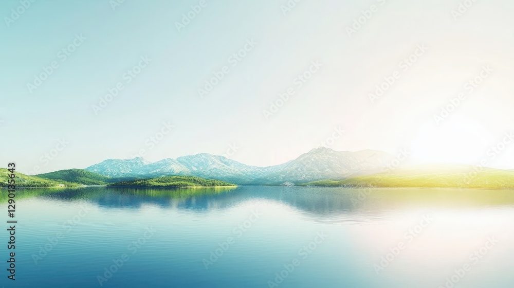 Fototapeta premium Serene Lake View with Distant Mountains Reflecting in Calm Water Under Bright Sky for Peaceful Nature Scenery