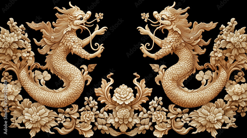 Fototapeta premium Golden Mythical Creature: Exquisite golden mythical creature with intricate design and detailed floral elements, a captivating display of artistry and cultural richness.