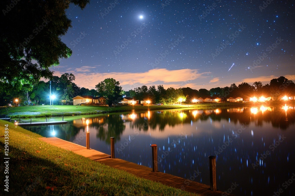 Serene Suburban Nightscape Capturing Stars Reflecting in Tranquil Lake with Illuminated Houses and Dock Serene Suburban Nightscape Capturing Stars Reflecting in Tranquil Lake with Illuminated Houses and Dock