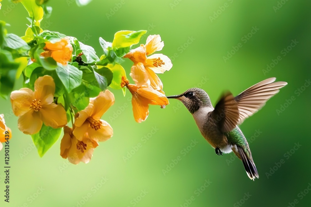 Fototapeta premium Hummingbird delighting in nectar from delicate orange blossoms against a vibrant green background