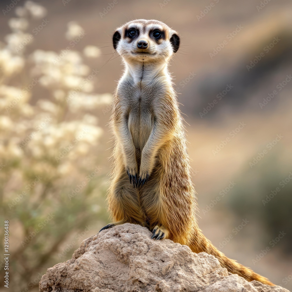Alert meerkat standing tall on a rock in a desert landscape with soft light and a blurred background creating a serene mood Alert meerkat standing tall on a rock in a desert landscape with soft light and a blurred background creating a serene mood