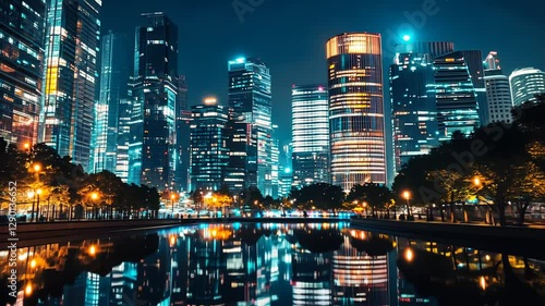 Wallpaper Mural Night cityscape reflected in calm water, showcasing illuminated skyscrapers and trees. Torontodigital.ca