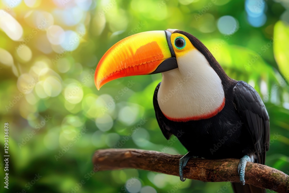 Obraz premium Striking toucan perched on branch in lush jungle with vibrant foliage and bokeh sunlight creating a serene tropical mood