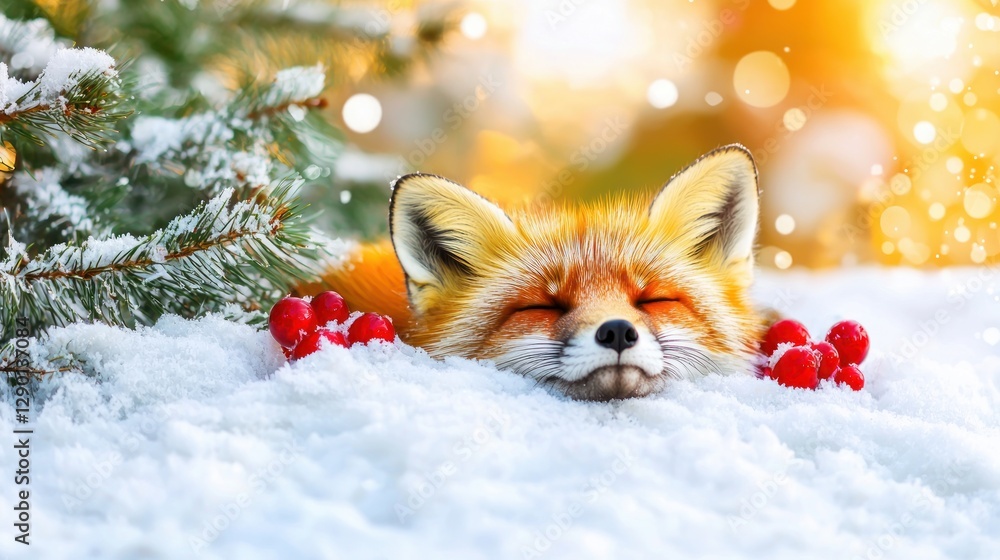 Serene fox resting in snow adorned with vibrant red berries amidst a winter wonderland backdrop a peaceful scene Serene fox resting in snow adorned with vibrant red berries amidst a winter wonderland backdrop a peaceful scene