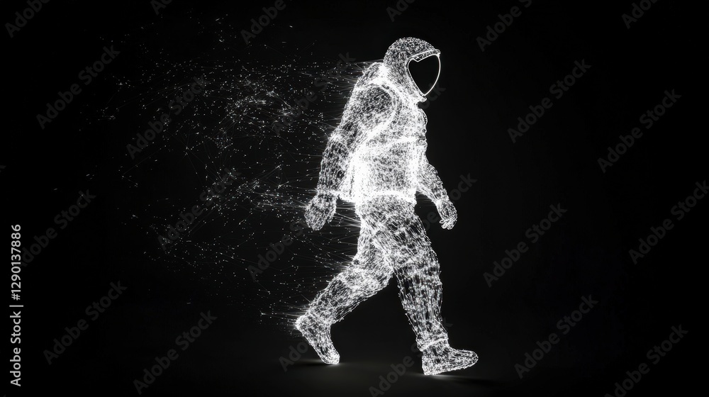 Futuristic Astronaut Silhouette Made of Digital Particles Walking Futuristic Astronaut Silhouette Made of Digital Particles Walking