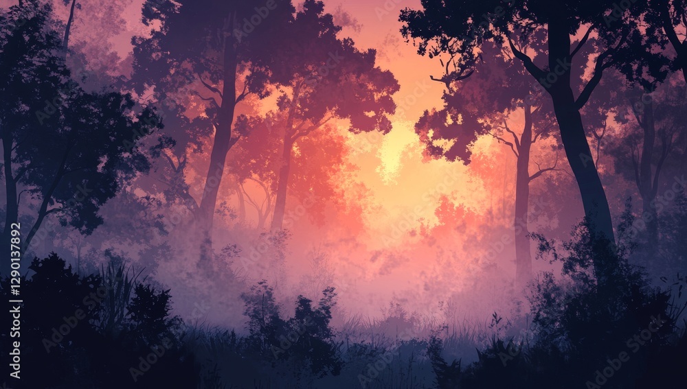 Obraz premium Misty forest sunset; silhouettes of trees; warm colors