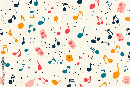 Colorful music note pattern on a white background.