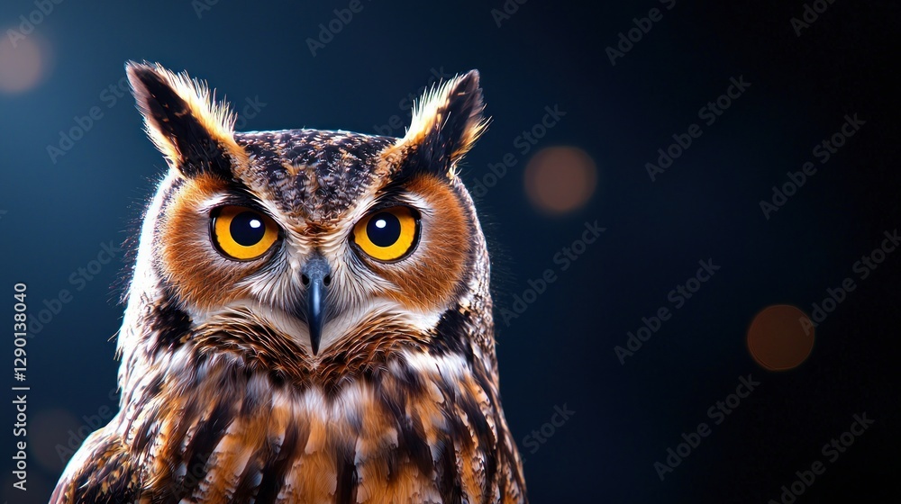 Captivating Portrait of a Majestic Owl with Intense Gaze and Golden Eyes Against a Dark Background Captivating Portrait of a Majestic Owl with Intense Gaze and Golden Eyes Against a Dark Background