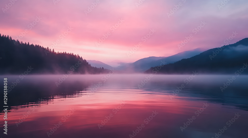 Fototapeta premium A serene lake scene at dawn, featuring misty waters reflecting vibrant pink and purple hues against a backdrop of mountains and forest.