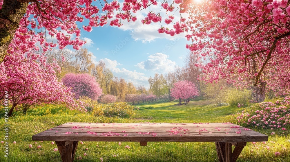 Wooden table in a blooming spring garden. Perfect for springtime themes, product displays, or nature-related projects. Wooden table in a blooming spring garden. Perfect for springtime themes, product displays, or nature-related projects.