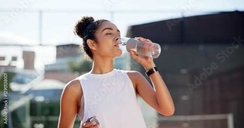 Obraz na plátně Sports athlete, hydration and woman drinking water for thirst, exercise break and liquid refreshment