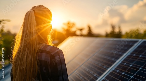 Woman on Industrial Roof Observing Solar Panels at Sunset