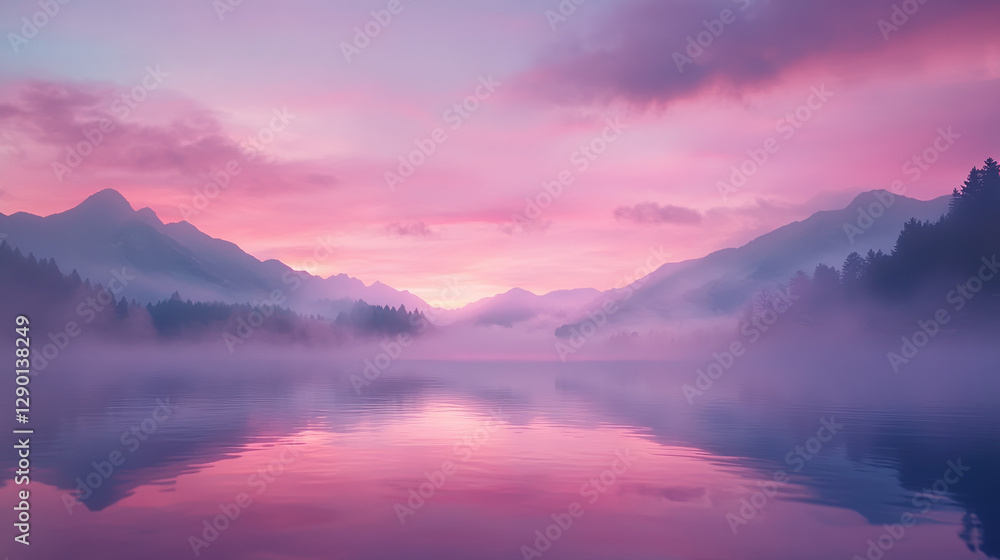 A serene landscape featuring misty mountains and a tranquil lake reflecting a vibrant pink and purple sky at dawn. A serene landscape featuring misty mountains and a tranquil lake reflecting a vibrant pink and purple sky at dawn.
