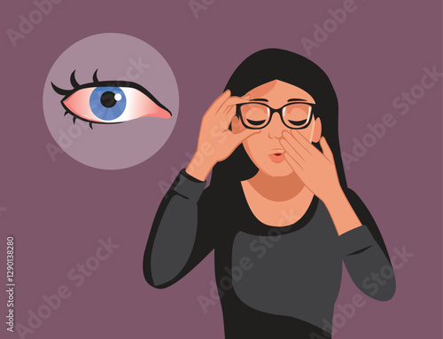 Woman with Red Eyes Problem Removing Glasses Vector Illustration. unhappy person suffering from painful itchy sensation and ocular redness 
