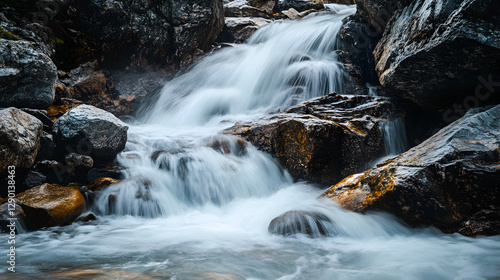 captured in silky smooth motion as the water flows over rugged rocks 