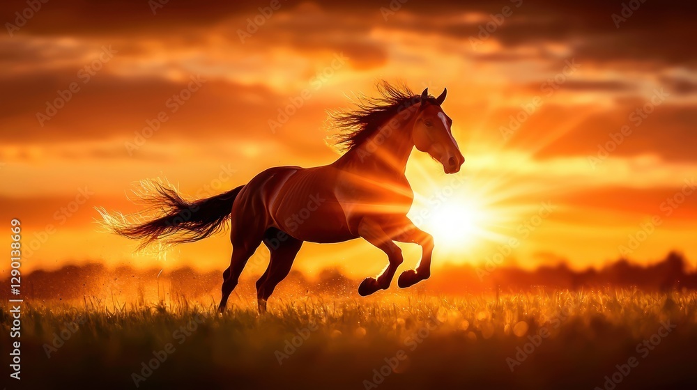 Majestic horse galloping through golden meadow at sunset cinematic scene equine beauty in nature photography Majestic horse galloping through golden meadow at sunset cinematic scene equine beauty in nature photography